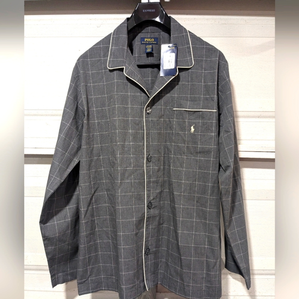 NWT Polo Ralph Lauren Men's Gray Plaid Pajama Sleep Shirt PJ Sleepwear‎ Size L